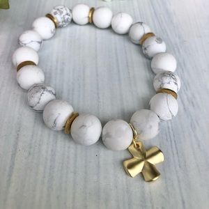 White and grey marble beaded gold cross bracelet